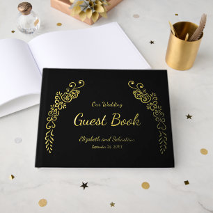 Libro De Visitas Elegante Boda de fotografías en negro y oro