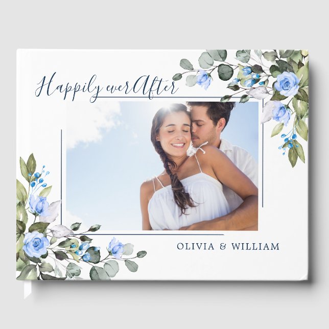 Libro De Visitas Elegante Boda de FOTOS de Rosas azules de Eucalipt (Anverso)