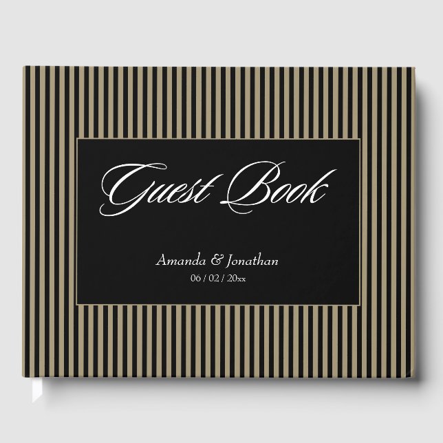 Libro De Visitas Elegante Boda de franjas negro y verde (Anverso)