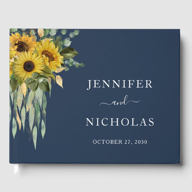Libro De Visitas Elegante Boda de girasol floral azul de la marina (Anverso)