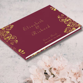 Libro De Visitas Elegante Boda de guiones de Swirls Burgundy Gold S