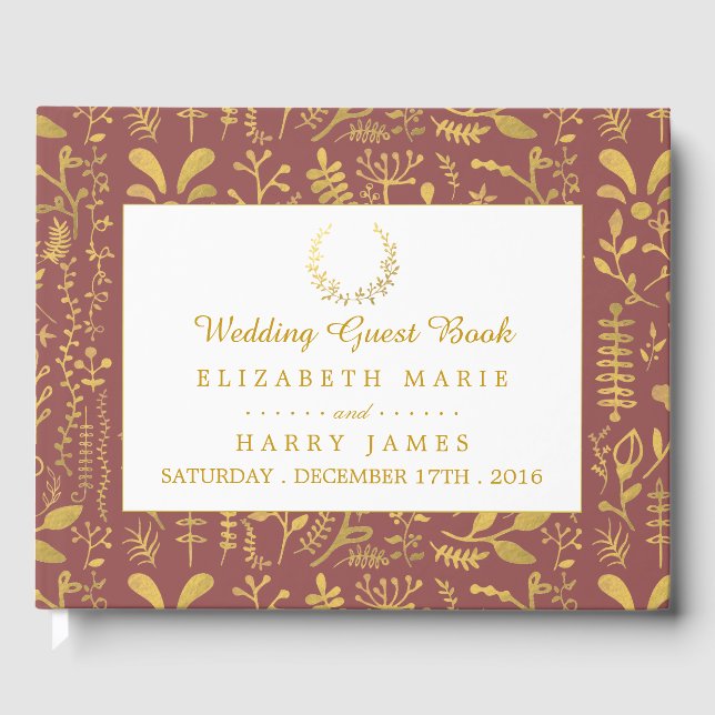 Libro De Visitas Elegante Boda de guirnaldas florales de oro (Anverso)