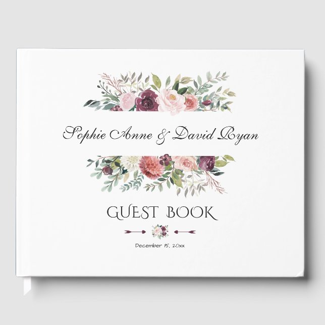 Libro De Visitas Elegante Boda de guirnaldas floridas de Rubor de B (Anverso)