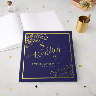 Libro De Visitas Elegante Boda de la Marina de caligrafía azul y Re