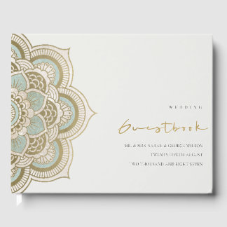 Libro De Visitas Elegante Boda de Mandala Verde azulada Ornate Gold