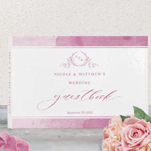 Libro De Visitas Elegante Boda de Monograma de acuarela rosa malva