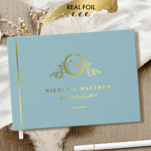 Libro De Visitas Elegante Boda de Monograma de Vidrio Marítimo y Re