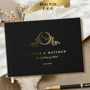 Libro De Visitas Elegante Boda de Monograma Negro y Real Relieve me