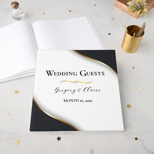 Libro De Visitas Elegante Boda de oro blanco negro (Anverso Abierto)