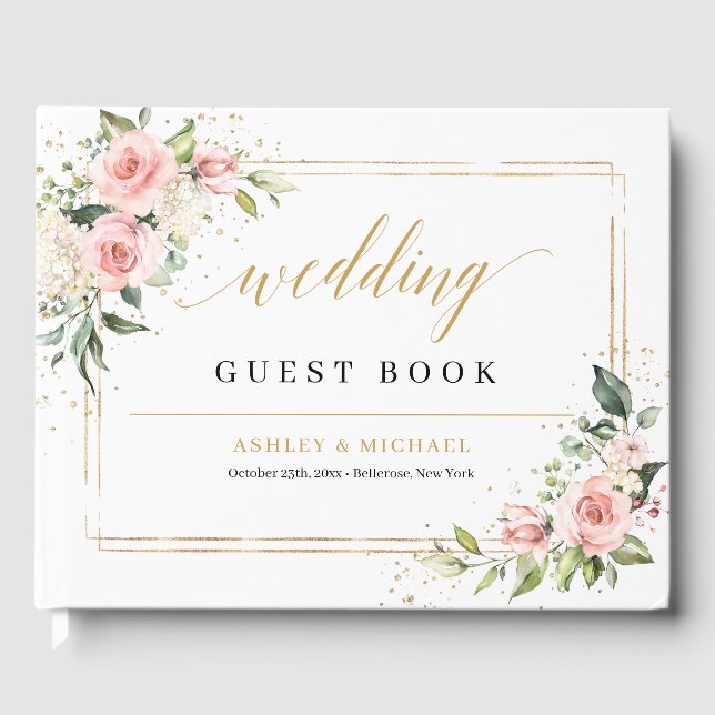 Libro De Visitas Elegante boda de oro de rosas de boho ruidoso verd (Anverso)