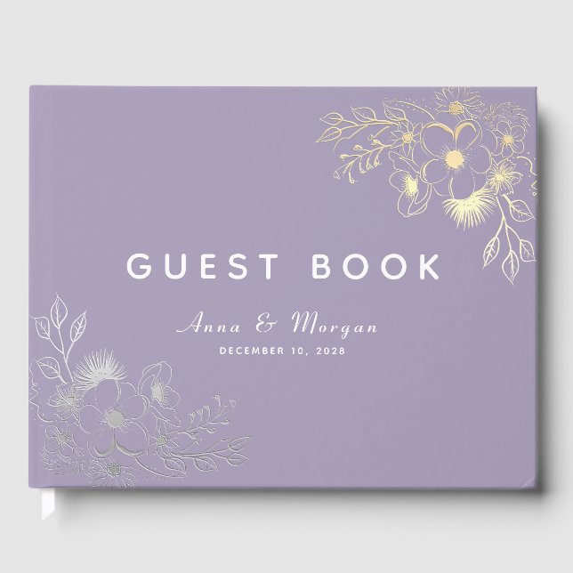 Libro De Visitas Elegante Boda de oro morado floral (Anverso)