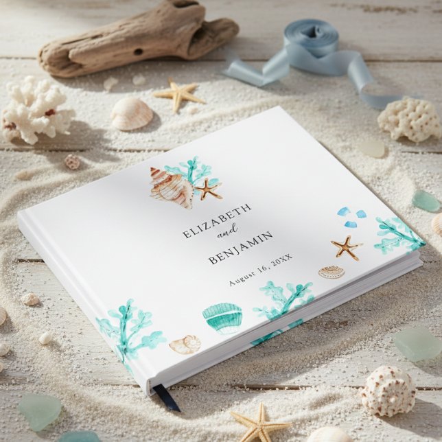 Libro De Visitas Elegante Boda de Playa con Acuarela de Conchas Mar (Subido por el creador)