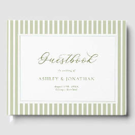 Libro De Visitas Elegante Boda de Rayas Verde Salvia