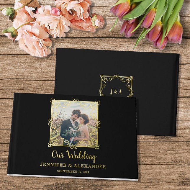 Libro De Visitas Elegante boda de Relieve metalizado de  de oro de  (Gold black monogrammed,  photo gold foil wedding guestbook.)