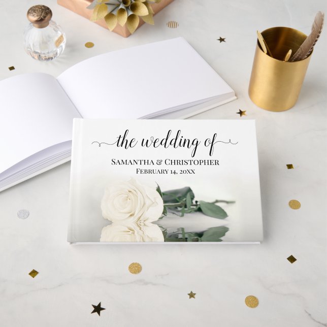 Libro De Visitas Elegante Boda de rosa blanco de marfil de estampad (Anverso Abierto)