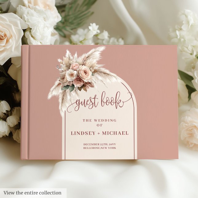 Libro De Visitas Elegante Boda de Rosas arcos Boho Dusty Pampas Pin (Elegant Boho Dusty Pink Pampas Arch Roses Wedding Guest Book)