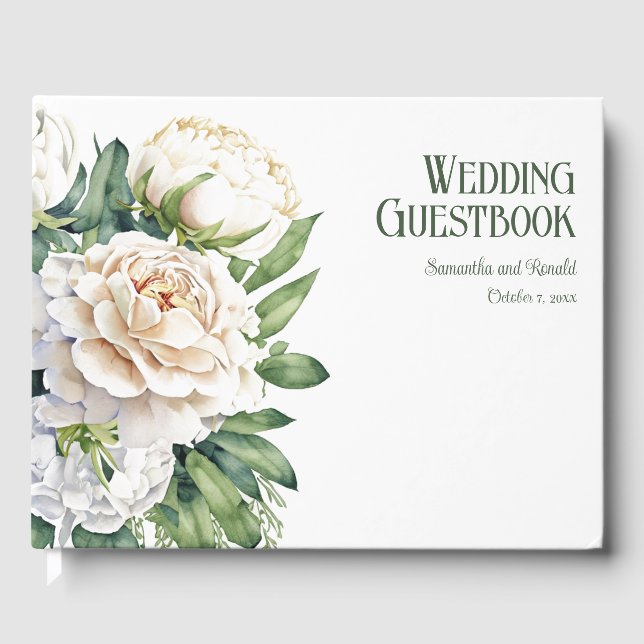 Libro De Visitas Elegante Boda de rosas blancas y peones (Anverso)
