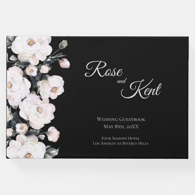 Libro De Visitas Elegante Boda de Rosas blancos negros (Anverso)