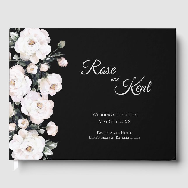 Libro De Visitas Elegante Boda de Rosas blancos negros (Anverso)