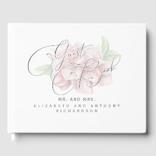 Libro De Visitas Elegante Boda de tipografía suave de flores rosada