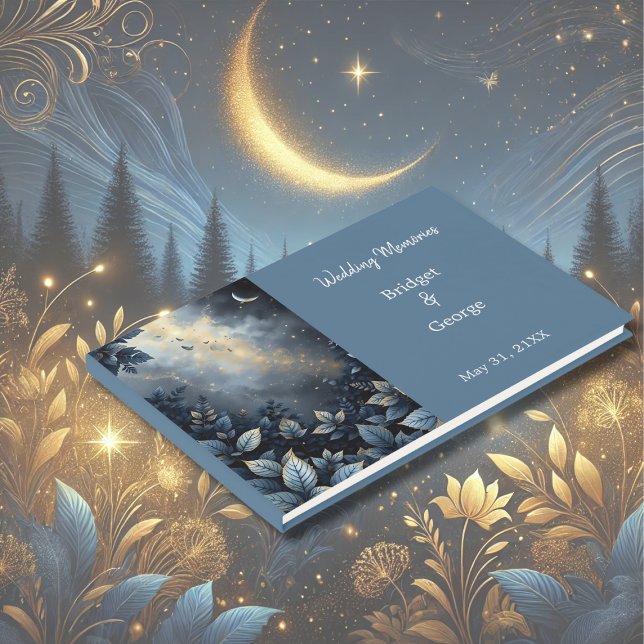 Libro De Visitas Elegante Boda del Bosque Azul y Oro de Medianoche (Subido por el creador)