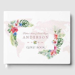 Libro De Visitas Elegante Boda del Mapa Mundial de Flores Tropicale