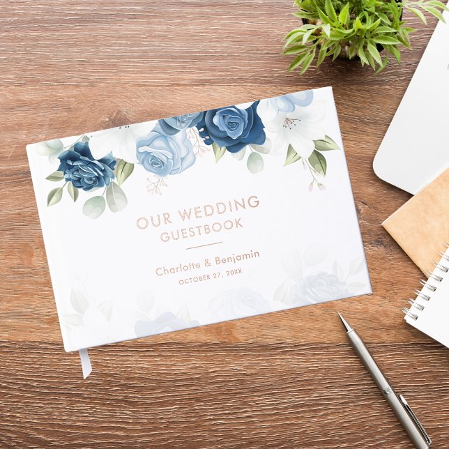 Libro De Visitas Elegante Boda Dusty Blue Floral (Dusty Blue Floral Wedding Rose Gold Foil Guest Book)