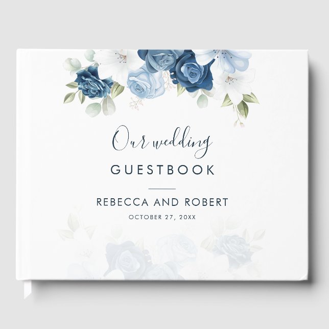 Libro De Visitas Elegante Boda Dusty Blue Floral Bloom (Anverso)