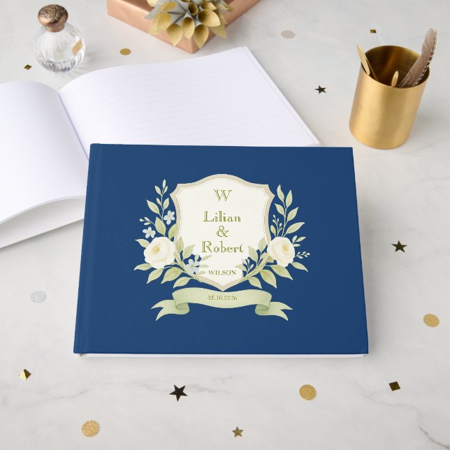 Libro De Visitas Elegante Boda Escudo floral (Anverso Abierto)