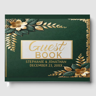Libro De Visitas Elegante Boda Esmeralda Verde y Gold Classic