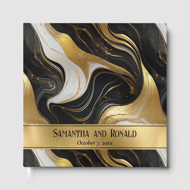 Libro De Visitas Elegante Boda Faux Gold y Black Marble (Anverso)