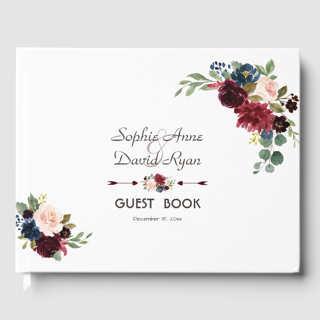 Libro De Visitas Elegante Boda floral azul de la Marina Merlot (Anverso)