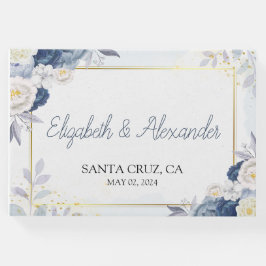 Libro De Visitas Elegante Boda Floral Azul y Dorado