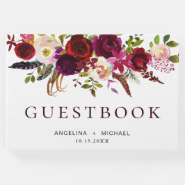 Libro De Visitas Elegante Boda floral bohemio de Borgoña Marsala