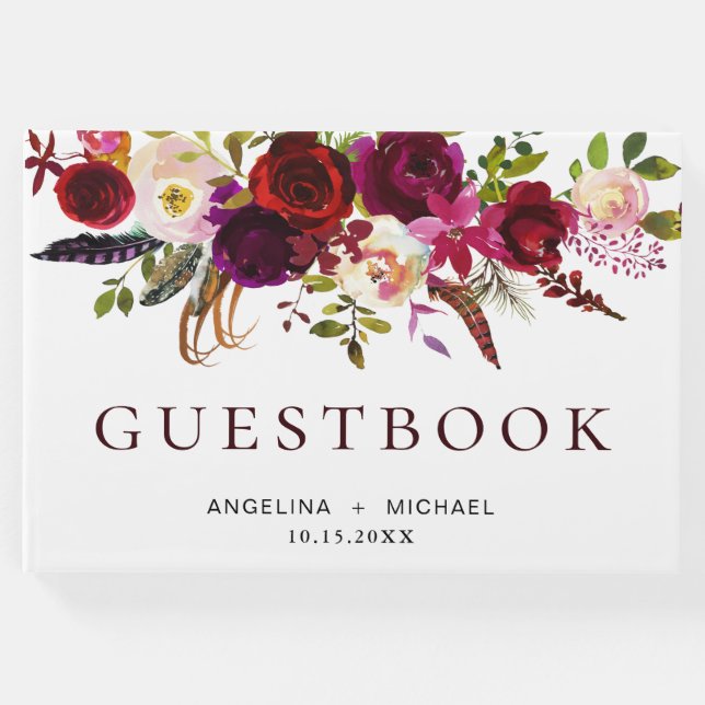 Libro De Visitas Elegante Boda floral bohemio de Borgoña Marsala (Anverso)