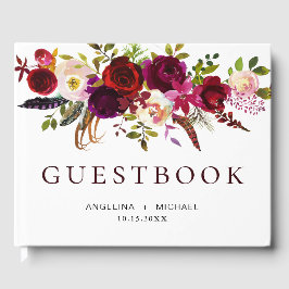 Libro De Visitas Elegante Boda floral bohemio de Borgoña Marsala
