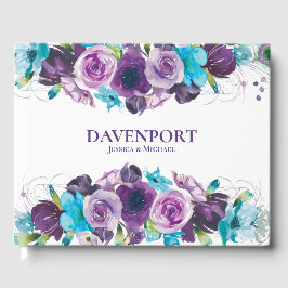 Libro De Visitas Elegante boda floral de acuarela azul púrpura