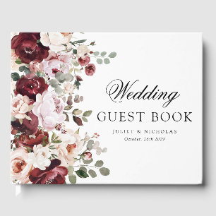 Libro De Visitas Elegante boda floral de acuarela en burgundy y rub