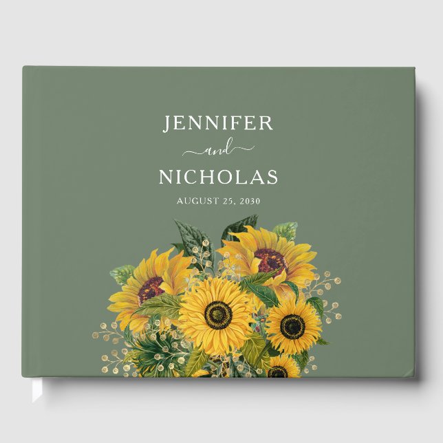 Libro De Visitas Elegante Boda floral de girasoles verde (Anverso)