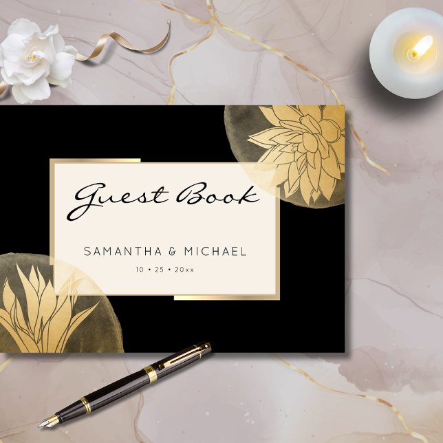 Libro De Visitas Elegante Boda floral de oro negro (Subido por el creador)