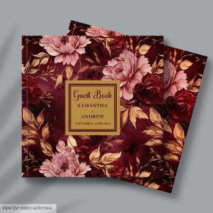 Libro De Visitas Elegante Boda floral Rubor Burgundy Gold