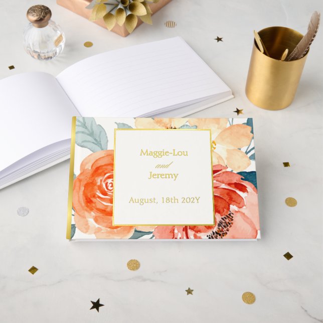 Libro De Visitas Elegante Boda floral Rubor Gold (Anverso Abierto)