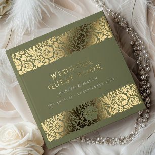 Libro De Visitas Elegante Boda floral verde oliva y dorado
