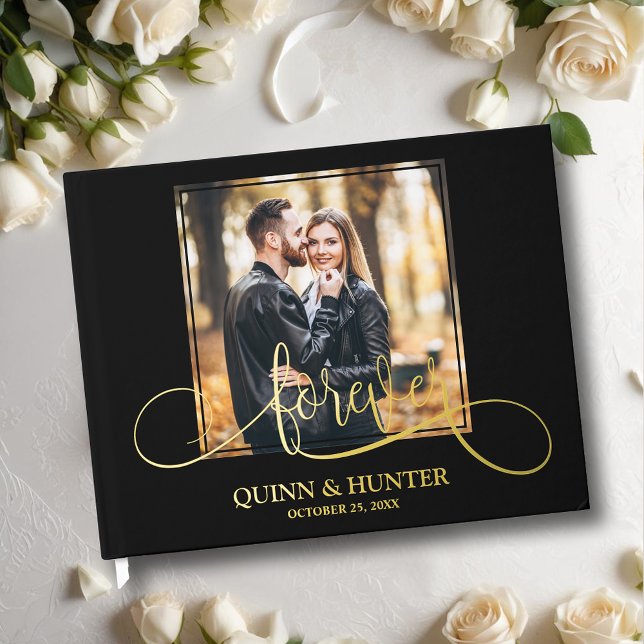 Libro De Visitas Elegante Boda fotográfico (Wedding guest book, your photo with "forever" and details in real gold, silver or rose gold foil)