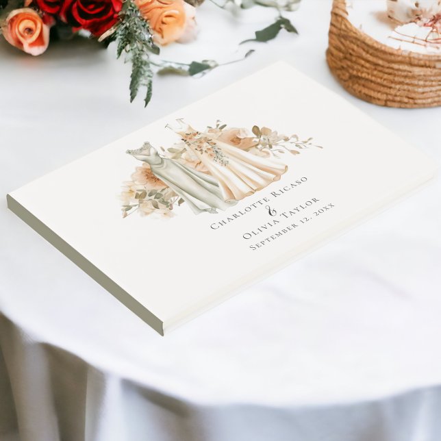 Libro De Visitas Elegante Boda gay dos novias vestidas con vestidos (Elegant Gay Wedding Two Brides in Dresses Guest Books from Ricaso)