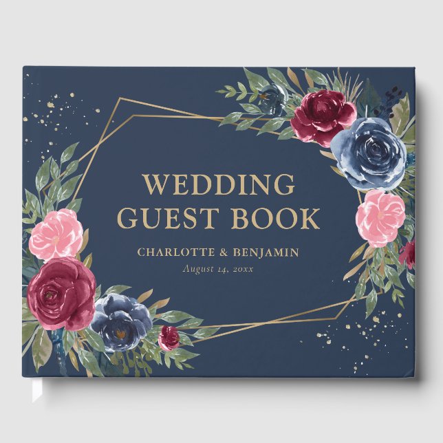 Libro De Visitas Elegante Boda Geométrico de Oro de Borgoña Azul de (Anverso)