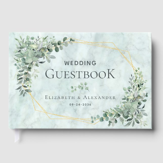 Libro De Visitas Elegante Boda geométrico Eucalipto de Mármol (Anverso)