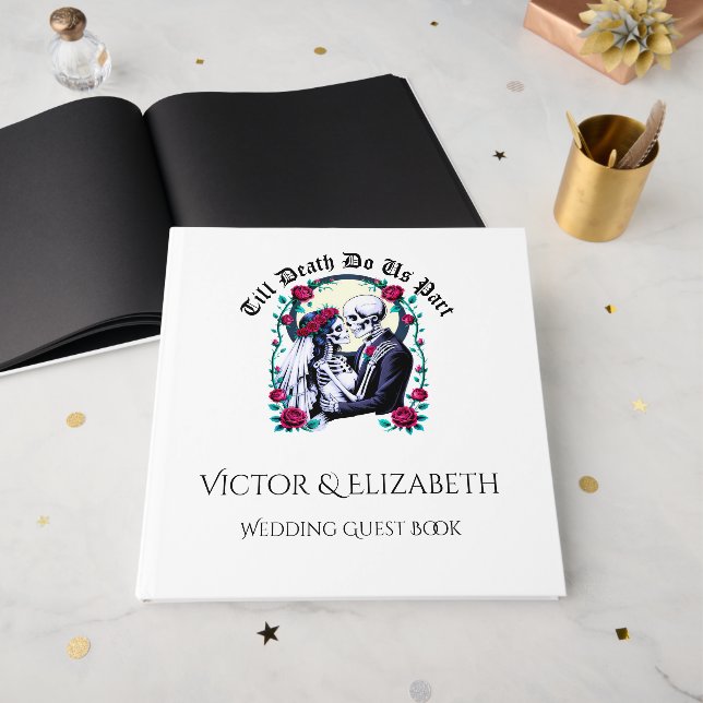 Libro De Visitas Elegante Boda gótico del Skeleton "Hasta la muerte (Anverso Abierto)