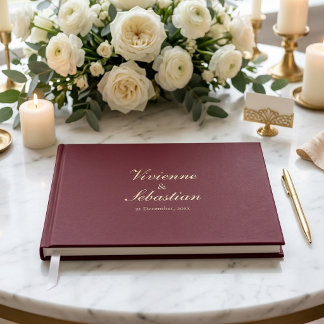 Libro De Visitas Elegante Boda Minimalista con Guión de Oro Burgund