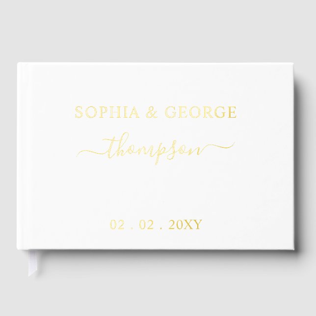 Libro De Visitas Elegante Boda moderno blanco y oro (Anverso)